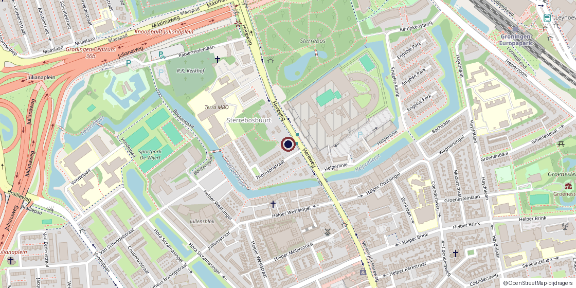 Kaart van Groningen met de locatie van het Vair-kantoor aan de Hereweg 111, naast het Sterrebos